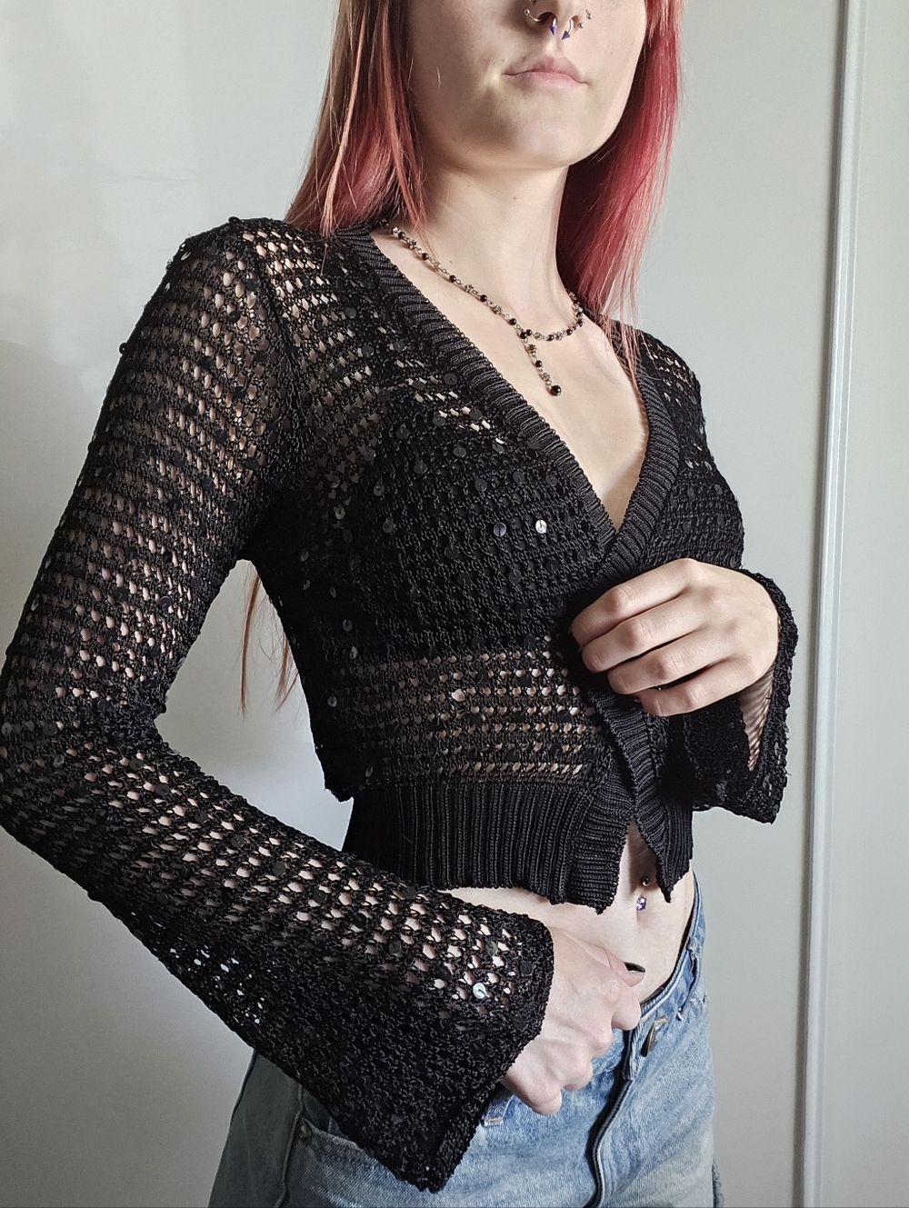 y2k Bette Sung Black knit cardigan cover up with bell sleeves & sequins